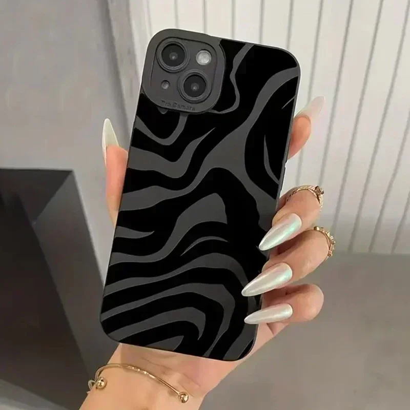 Casing ponsel silikon hitam motif gelombang, penutup lunak tahan guncangan untuk iPhone 15 14 13 12 11 Pro Max XS X XR 7 8 Plus
