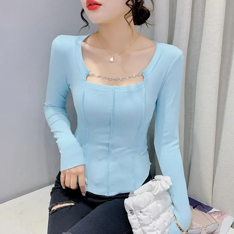 Women\'s Summer New Preppy Style Sweet Solid Irregular Square Collar Spliced Chains Screw Thread Slim Long Sleeve T-shirts Tops