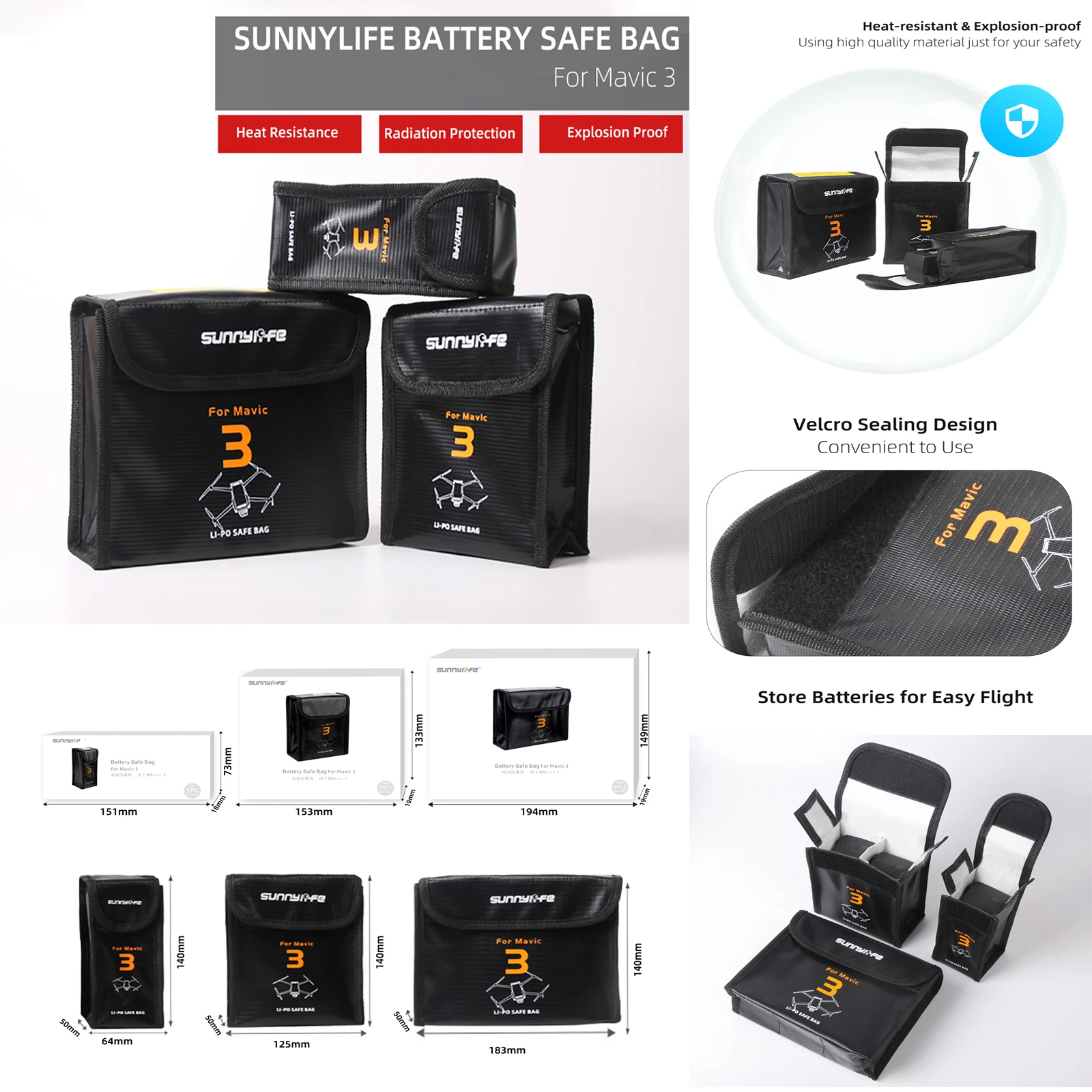 

Sunnylife Lipo Battery Safe Bag Fireproof Safety Charging Storage Bag Compatible with For DJI Mavic 3/3 Pro / 3 Classic RC Drone