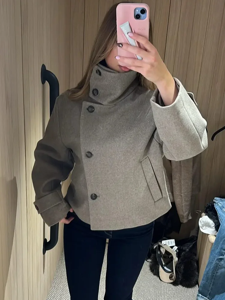 

HH Women Autumn And Winter High Stand Collar Long Sleeves Side Pockets Single Breasted Short Street Style Leisure Jacket
