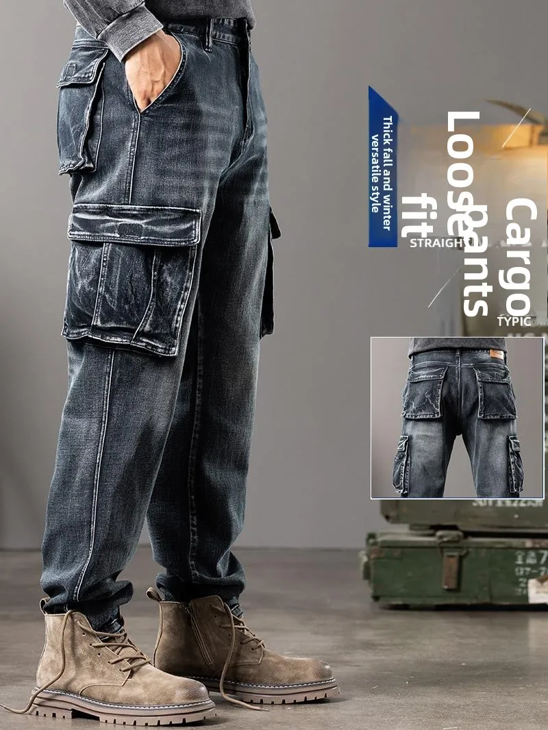

Outdoor Heavy Duty Multi-Pocket Workwear Jeans Men's plus Size Loose Fit Fashionable Straight Leg Trendy Brand Pants