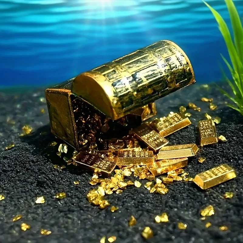 Mini cofre del tesoro pirata con monedas y barras de oro, adorno para acuario, paisajismo de pecera, decoración navideña en miniatura para el hogar.