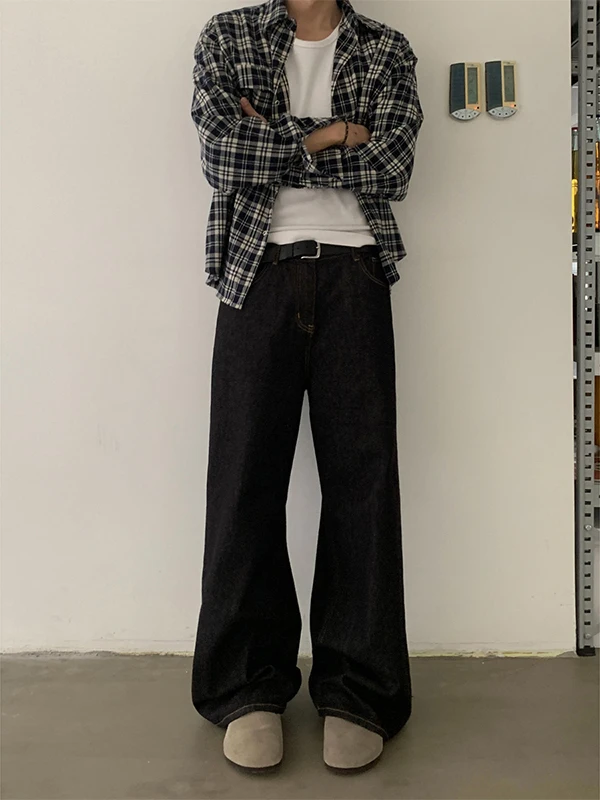 

American Retro Straight Leg Original Color Denim Black Jeans Loose Slimming Long Trousers for Men And Women Commute Style