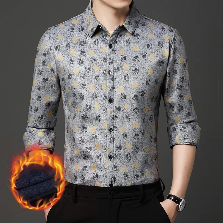 

Men's Thicken Shirts 2025 Autumn Winter Floral Clothes Male Outwear Long Sleeve Dress Shirt Tops