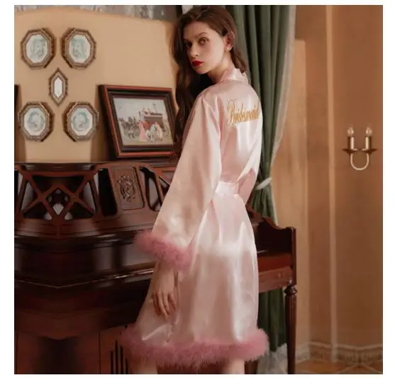 Satin Feather Patchwork Bride Bridesmaid Robe Sexy Kimono Bathrobe Gown Casual Sleepwear Intimate Lingerie Female Nightgown