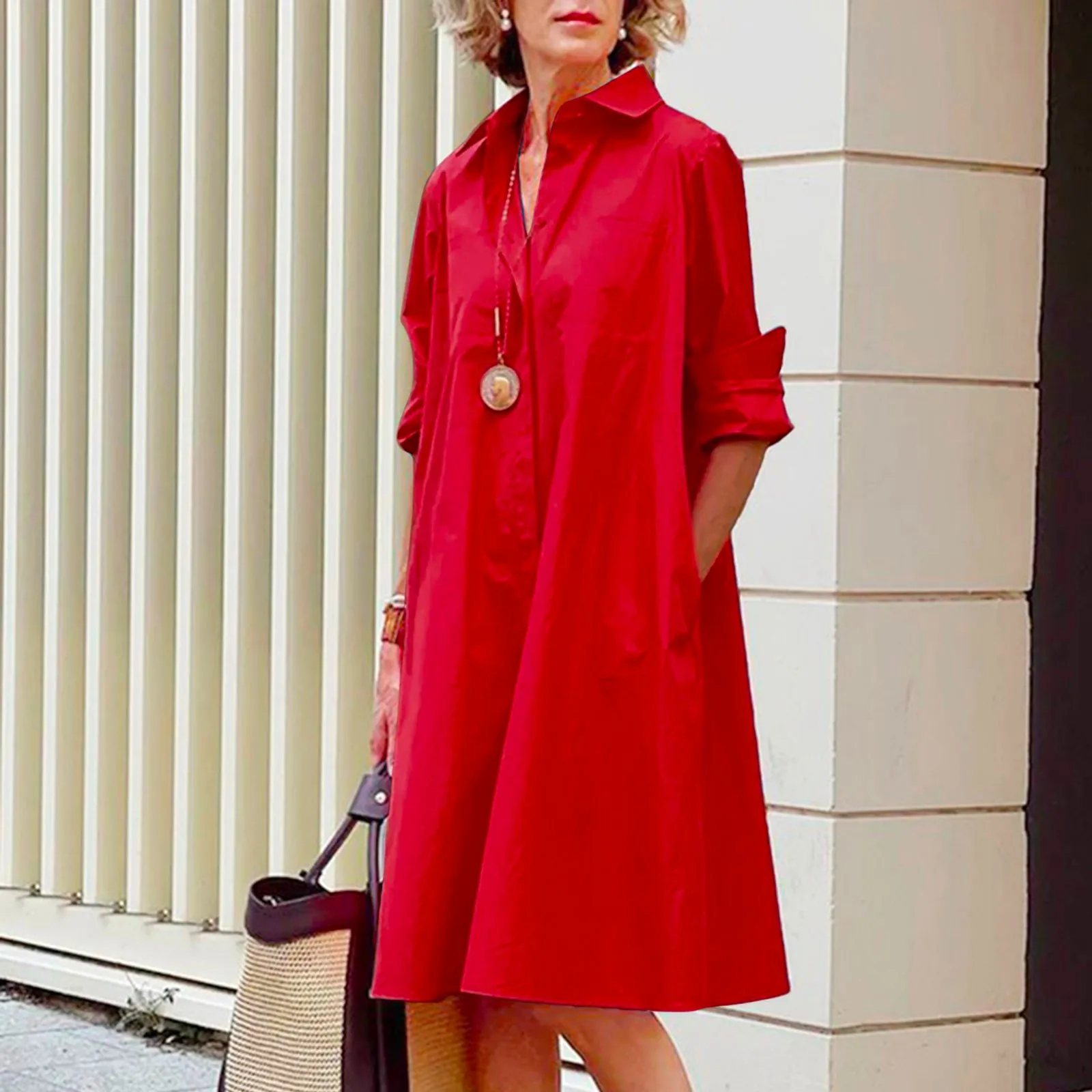 

Women's Shirt Dress 2024 Spring Summer Casual Lapel Long Sleeve Midi Dress Solid Colour Fashion Loose Versatile Commuter Dress