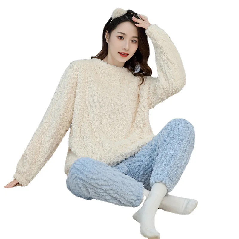 Warm Set of Winter Pajamas Autumn and Winter Jacquard Shu Cotton Velvet Thickened Colorblocking Round Neck Warm Home Wear Female