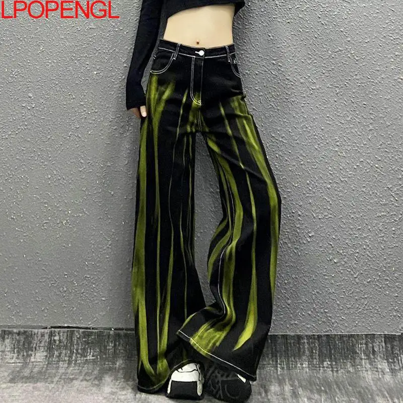 Streetwear Color-blocked Washed Casual Jeans For Women 2025 Autumn New High-waisted Loose High-waisted Straight Wide-leg Pants