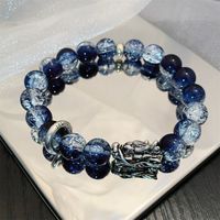 Fashion Blue Crystal Beaded Bracelet for Women Men New Chinese Style Handmade Beads Dragon Pendant Couple Bracelet Jewelry Gifts