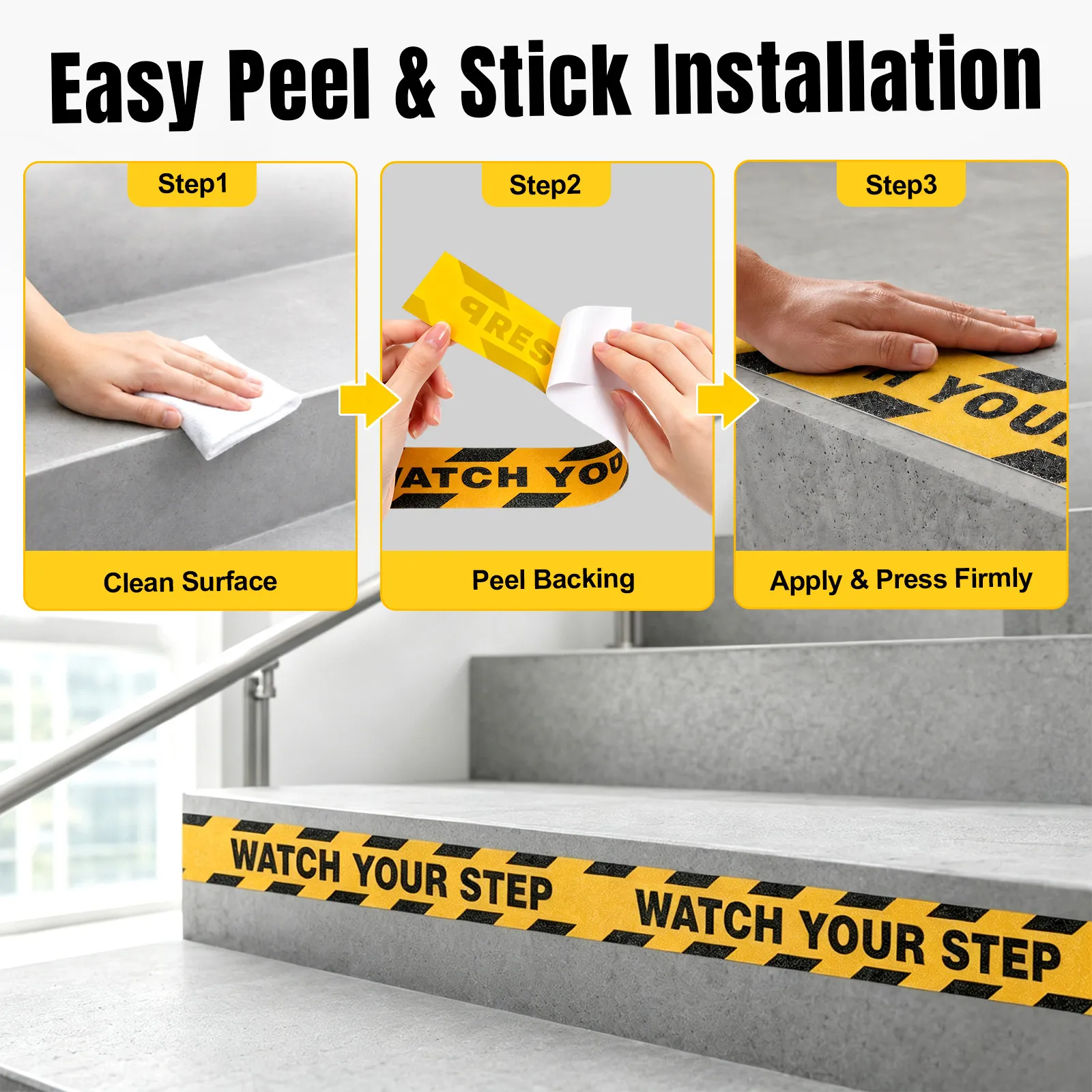Watch Your Step Adhesive Warning Sticker 1 Roll Anti-Slip Floor Tape for Stairs Wet Floors Walkways High Traffic Areas Non Skid