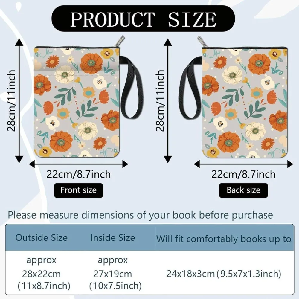 Floral Book Sleeve with Zipper Pocket Book Lovers Gifts Flower Hardcover Paperbacks Waterproof Spring Flower Daisy Book Pouch