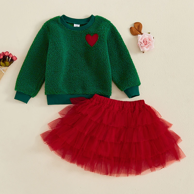 

1-4Years Kids Baby Girl Christmas Outfits Fall Winter Long Sleeve Fuzzy Fleece Sweatshirts with Layered Tulle Skirt 2 Pcs Set