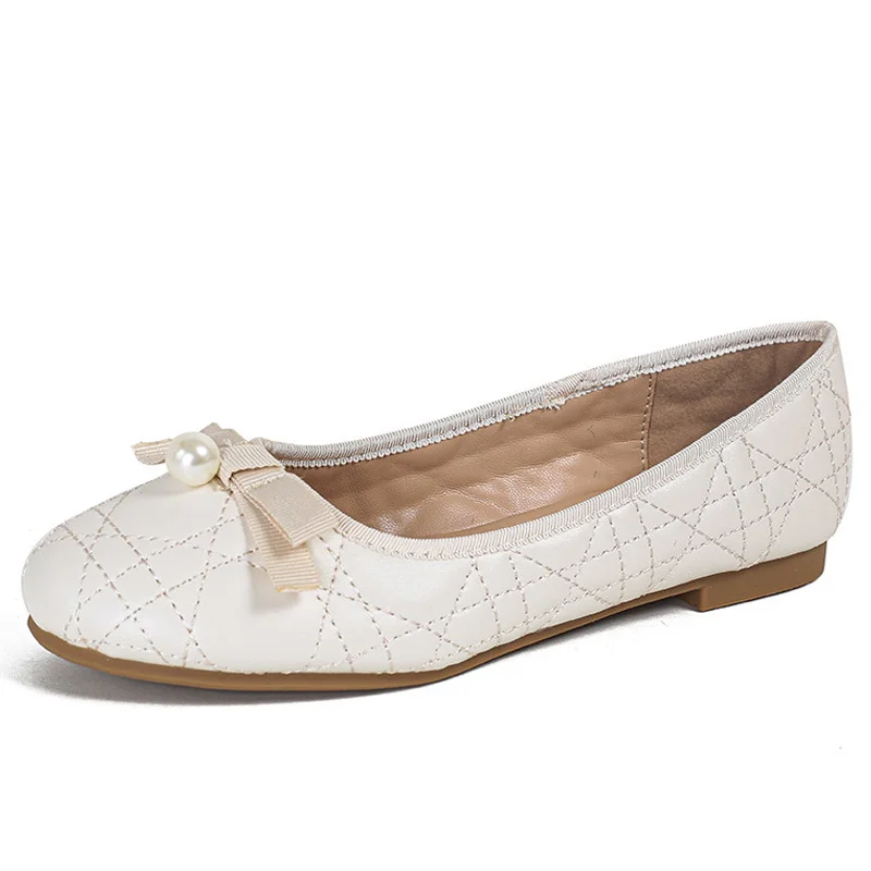 أحذية للنساء، أحذية مسطحة عصرية، أحذية كاجوال بمقدمة مستديرة من اللؤلؤ، أحذية بدون كعب من الجلد
