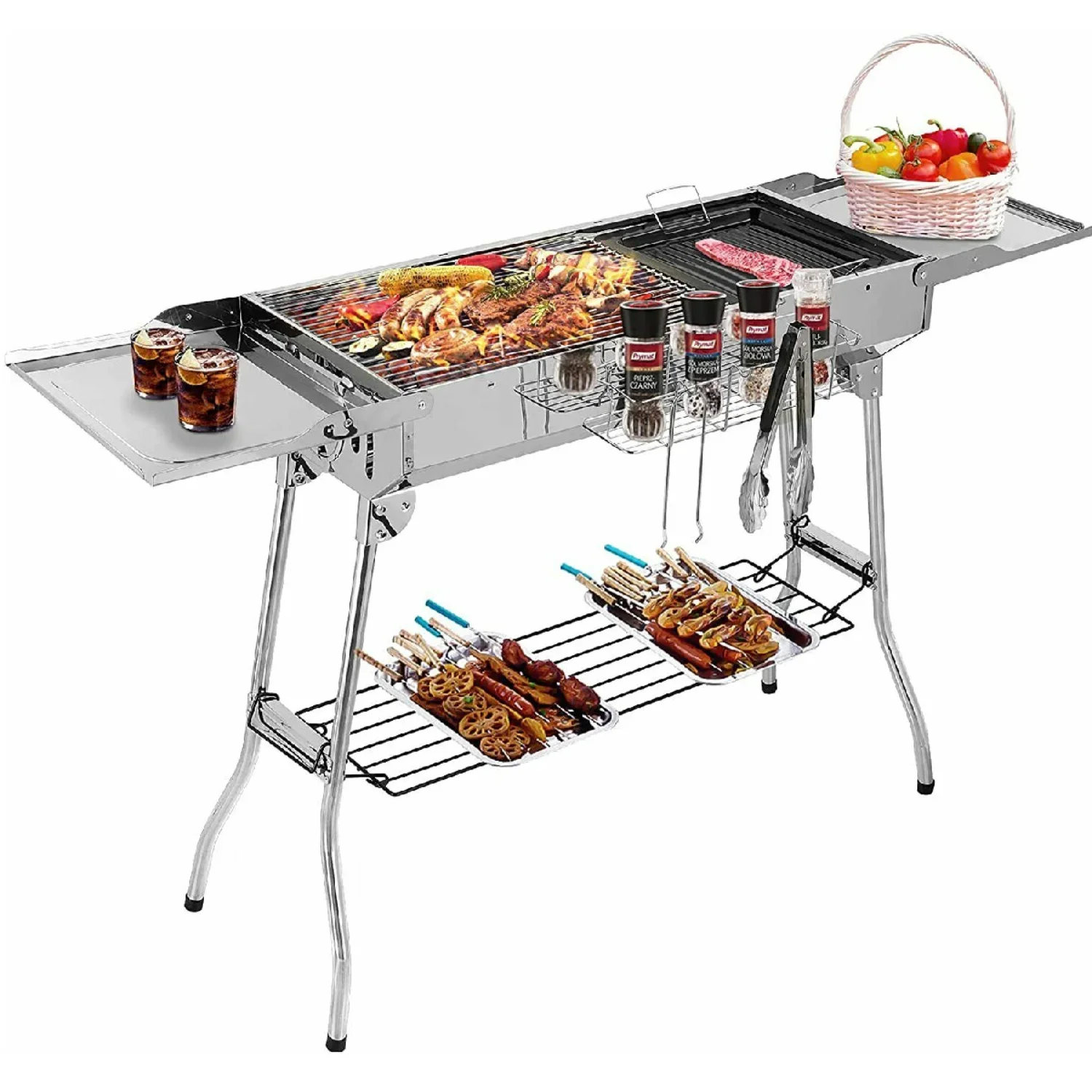 Charcoal Grill Stainless Steel, Portable Camping Grill BBQ with Double Folding Wings, non-stick Pan, Adjustable Ventilation