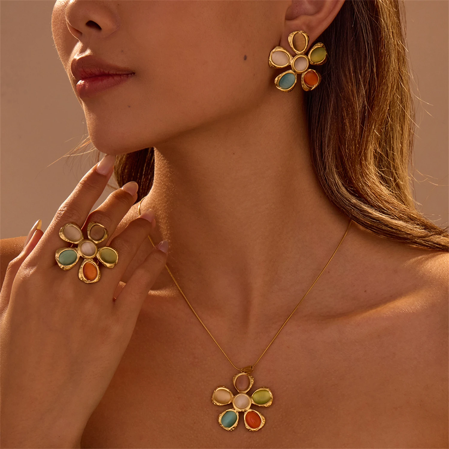 

WAKA Flower - Shaped Colorful Stone Jewelry Set Earrings Necklace Ring Boho Vintage Trendy Party Wedding Daily Women's Accessory