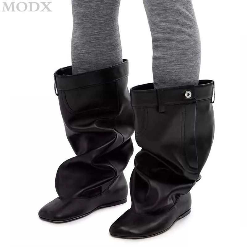 Height Increasing Long Boots Women Square Toe Wide Tube Flat Boots Black Leather Fashion Slim Knight Boots Slip-on Stacked Shoes