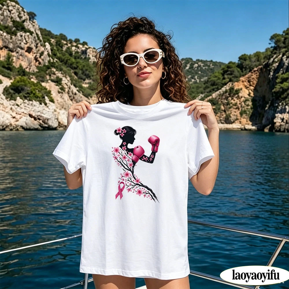 Breast Cancer Awareness Pink Ribbon Boxer Graphic T Shirt Women Summer Fighter Silhouette Print Tee Support Campaign Top