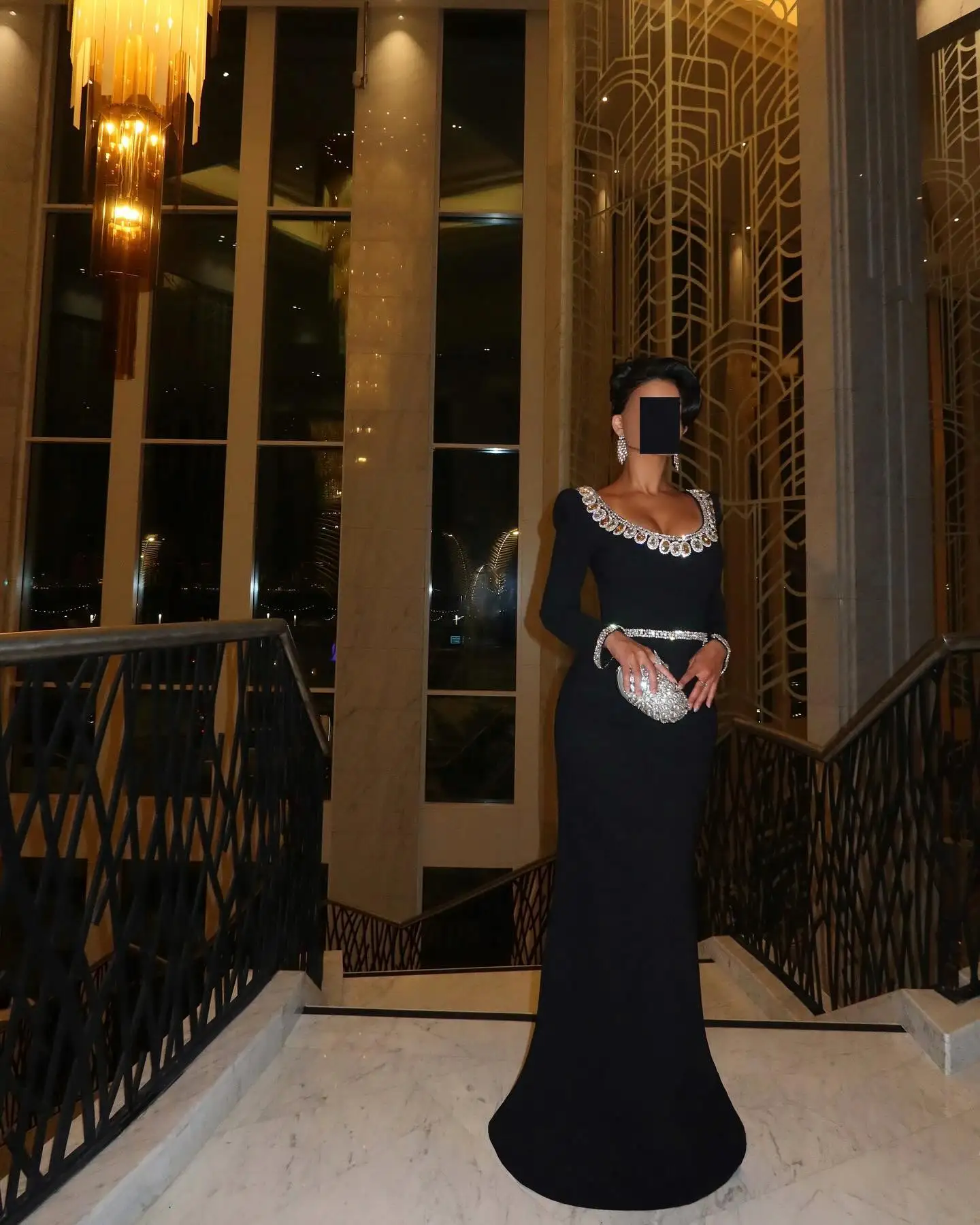 

Customized Luxury Jersey Mermaid Crystal Evening Dress High Quality Long Sleeves Scoop Floor Length فساتين سهرة