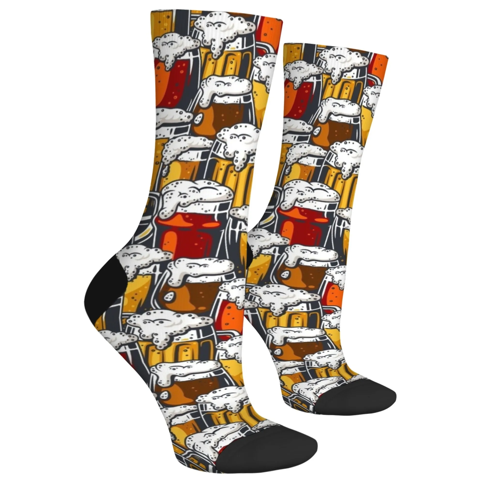 Calzini artistici alla moda con tema birra vintage Dettaglio tazza di birra con calzini elasticizzati unisex per abbigliamento casual quotidiano e da festa