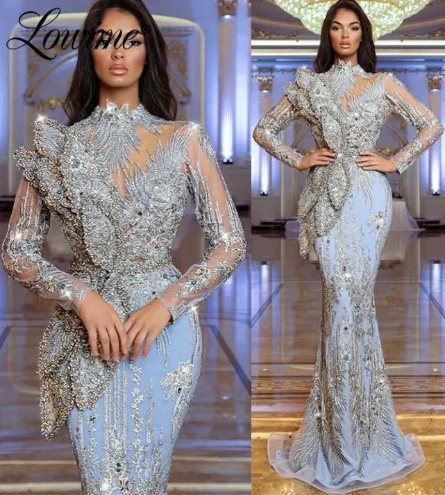 2023 Couture Celebrity Dresses Blue Long Sleeves Arabic Dubai Evening Gowns Crystals Full Beading Sequins Wedding Party Dress