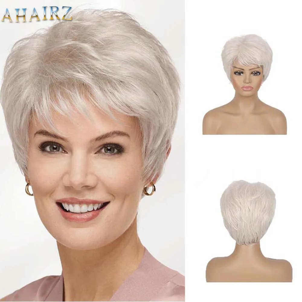 Short White Gold Synthetic Wig For Women Natural Wavy Curly Puffy Hair With Bangs Heat Resistan Fiber Cosplay Wigs