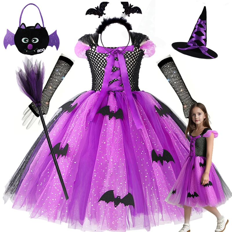 

2024 Girl Evil Queen Cosplay Costume Kids Halloween Witch Dress Handmade Knitted Tulle Tutu Ruffles Floor Length Princess Outfit