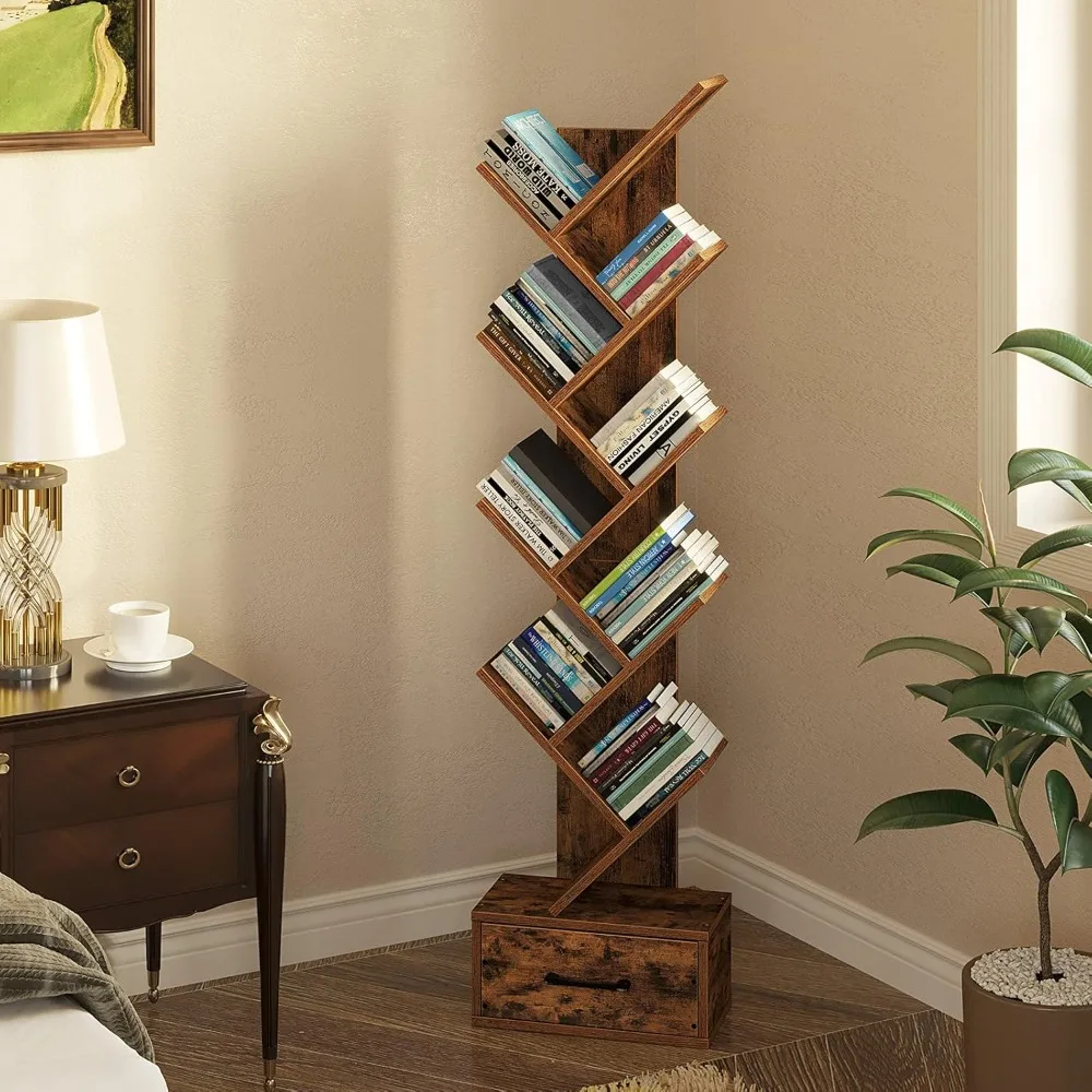 

Bookshelf with Wooden Drawer, 9 Shelf Tree Bookshelf, Modern Book Storage, Free Standing Tree Bookcase