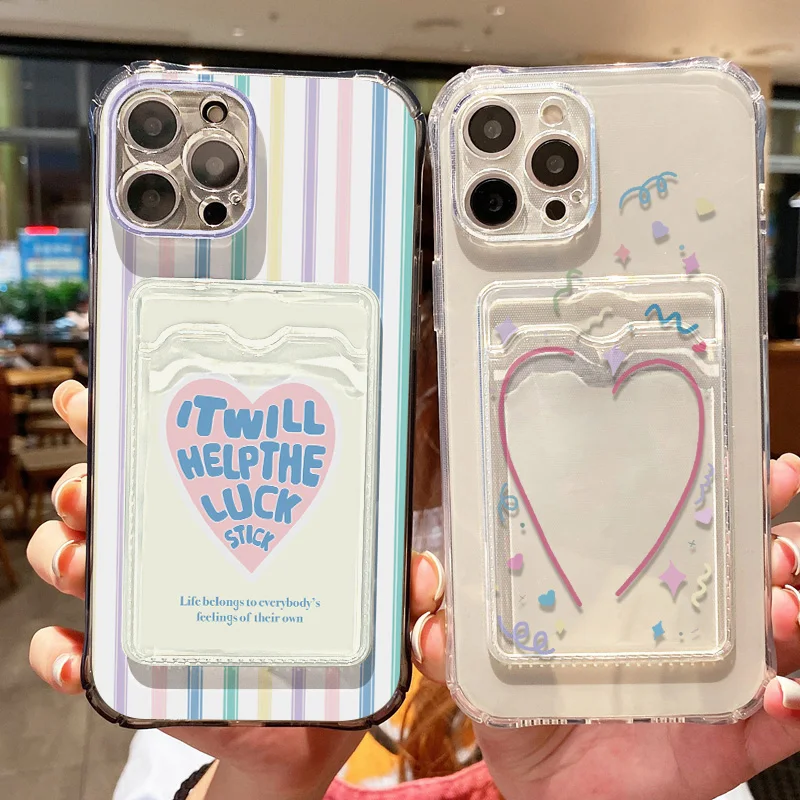 Korean Cute Love Heart Wallet Card Holder Bag Phone Case For iPhone 11 12 13 14 15 16 Pro Max X XR XS 7 8 Plus SE 2 Clear Cover