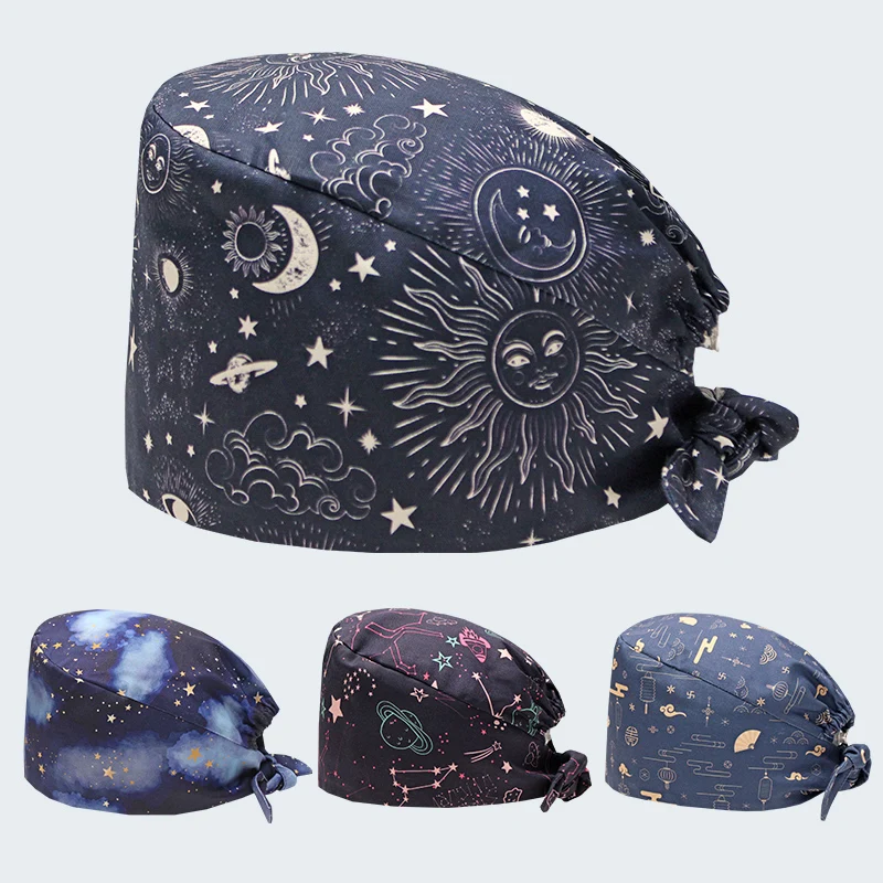 Starry Sky Pattern Surgical Hats Cotton Breathable Nurse Caps Chef Dentist Veterinary Working Caps New Style Medical Hats M976