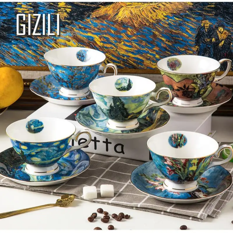 Van Gogh Oil Painting Ceramic Coffee Cup Sets Hand-Painted Home Office Mug with Saucer Spoon Luxury Gift for Friend