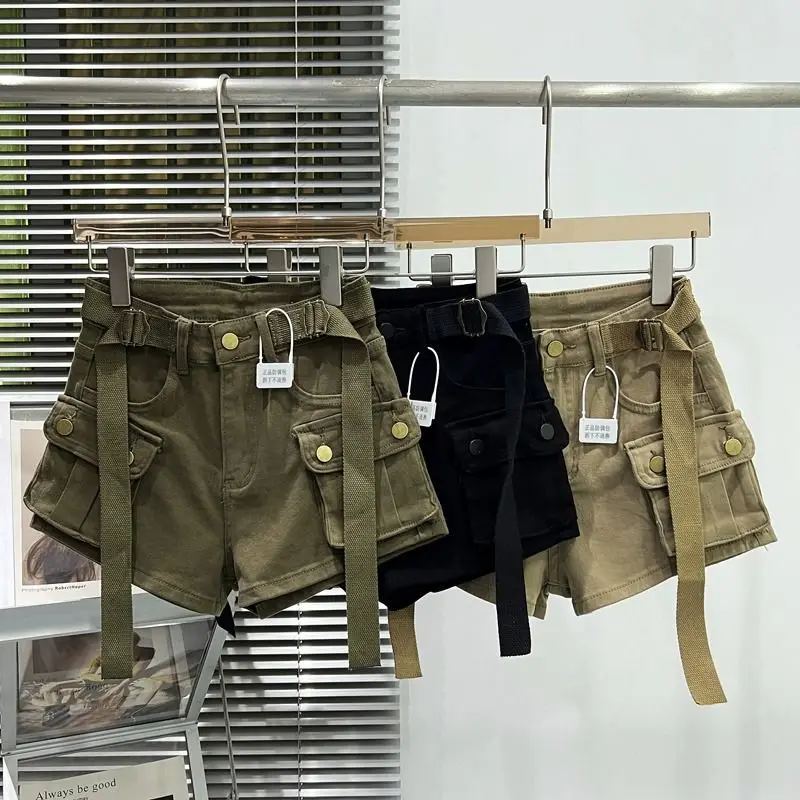 Y2KLarge Pocket Workwear CowboyShorts Female Elastic Self Cultivation New Summer High Waisted Lifting Buttocks Hottie Pants Belt