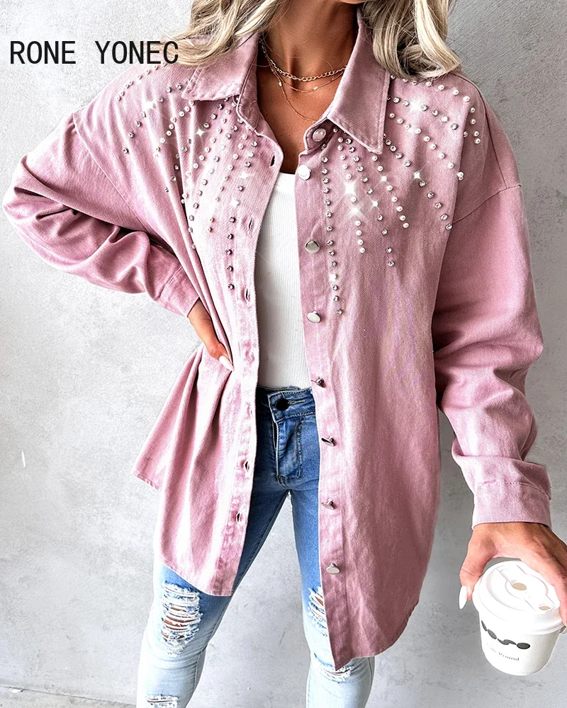 Women Chic Rhinestone Decoration Solid Long Sleeves Straight Loose Fit Shirt Jacket Tops