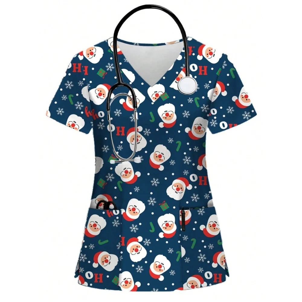New Year 2026 Festival Short Sleeve Clinical Uniforms Women's Casual Minimalist All-Over Christmas Print Nurse Scrub Uniform Top