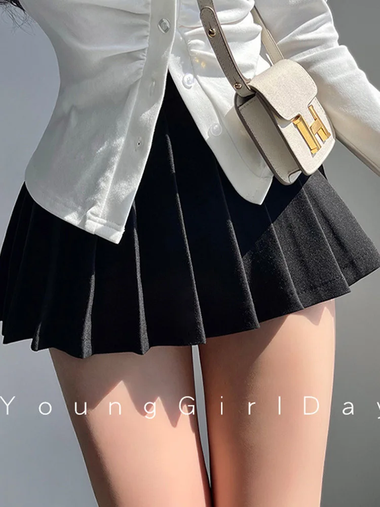 Pleated Skirt with Shorts Women Sexy High Waist White Black A-line Korean Gyaru Mini Tennis Skirt School Girl Summer