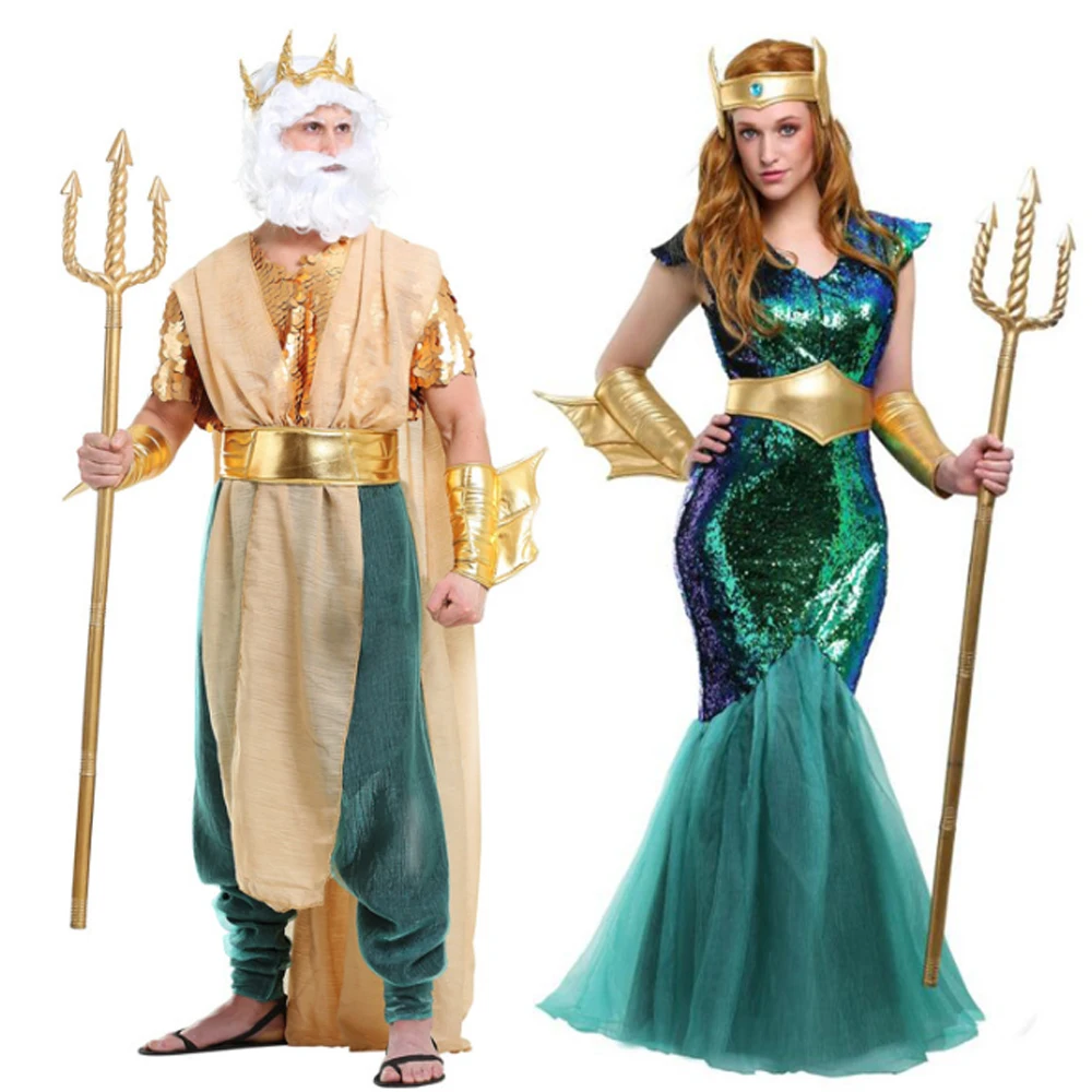 Nouvelles arrivées pour Halloween : costumes de cosplay pour hommes Poseidon Triton roi des dieux marins, costumes de sirène des profondeurs pour femmes
