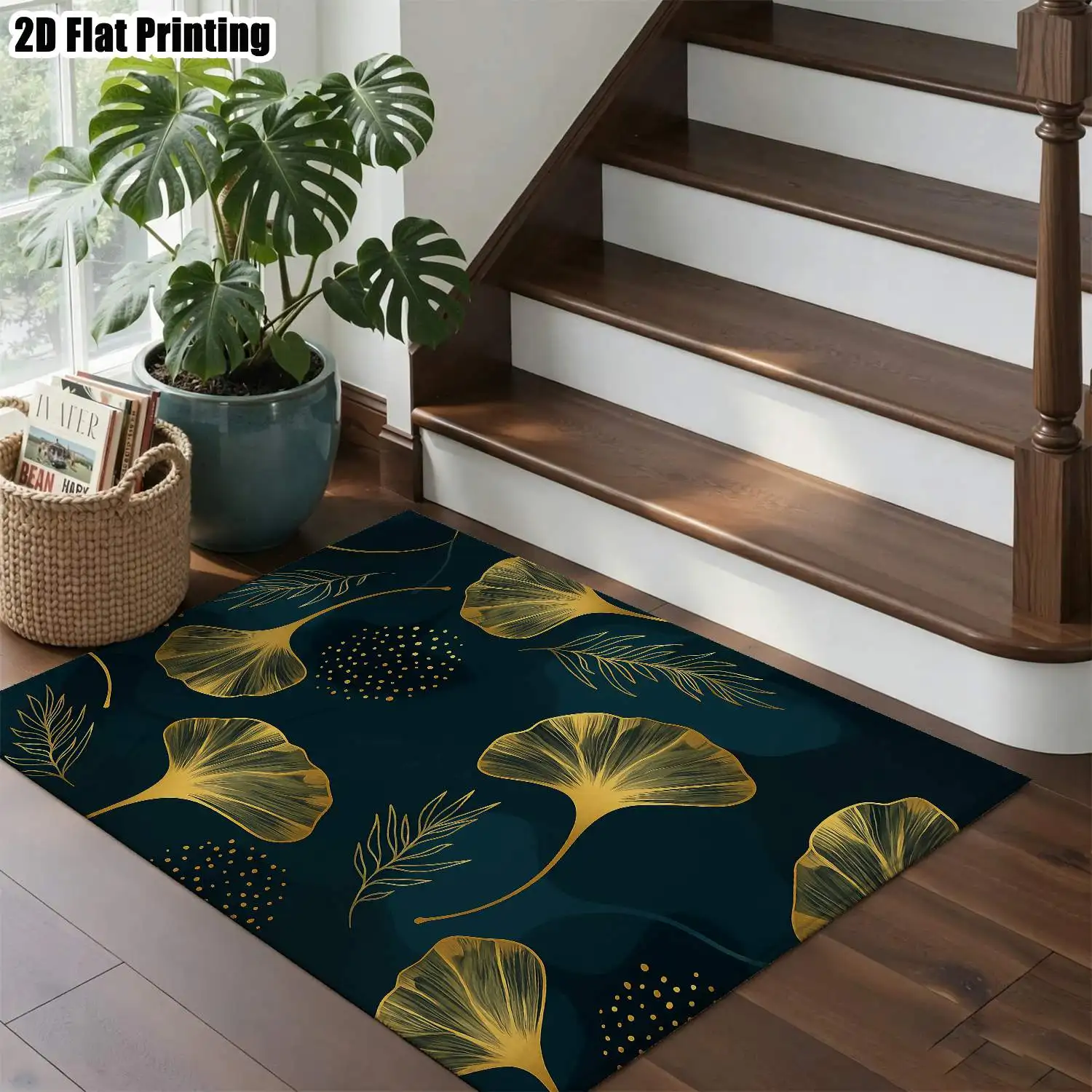 1Pc 2D Printed Golden Ginkgo Leaf Carpet: Nordic/Instagram Minimalist Vintage Geometric Striped Floor Mat, Machine Washable Multi-Size Home Decor for Entryway, Dining Room, Foyer, Study, Living Room