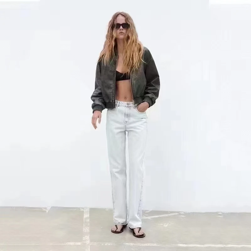 معطف نسائي كاجوال بياقة واقفة من Faionable Retro Pilot Jaet ملابس خارجية مع سحاب من جلد البولي يوريثان طويل بلون Sve