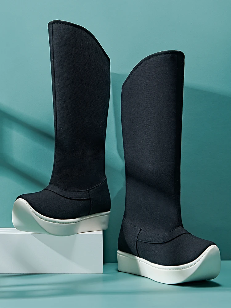 Fulujiacos Botas Hanfu de lona com sola grossa, botas de fantasia antigas com aumento de altura masculina, sapatos de pernas longas