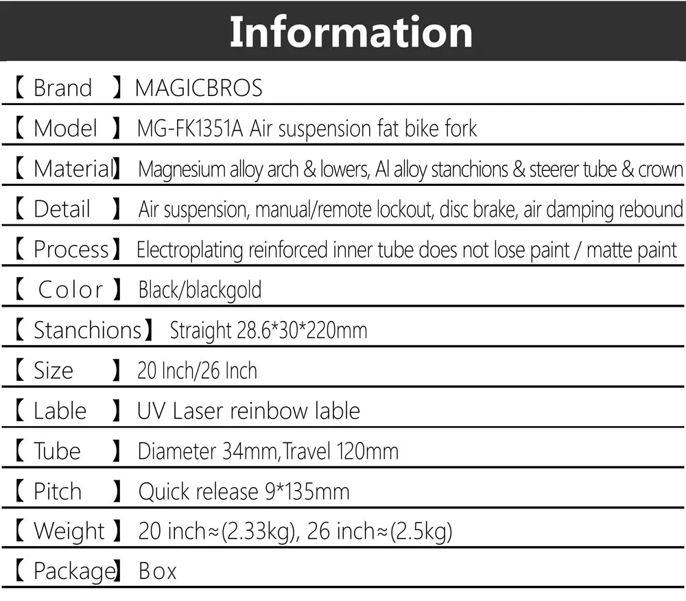 MAGICBROS Elektrofahrradgabel Luftfederung 20 26 Zoll 4,0 Gabel Aluminiumlegierung Snow Bike E-Bike 9 * 135 mm Fat Bike Luftgabel – Detail 2