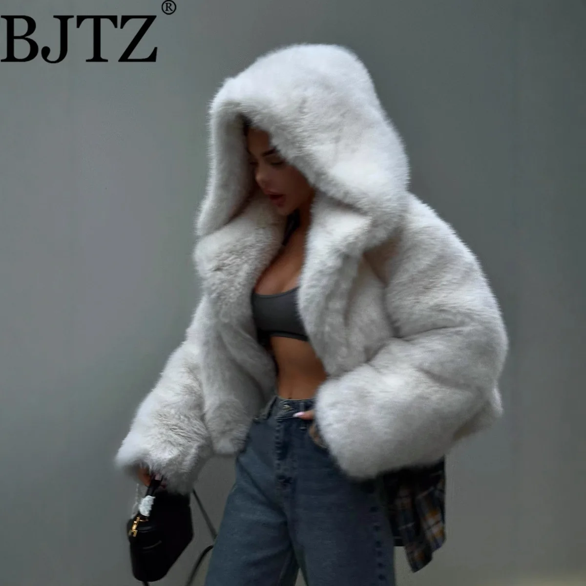 

BJTZ пальто из искусственного меха с капюшоном, имитация овчины, куртка из лисьего меха, осенне-зимняя короткая плюшевая куртка, меховой топ для женщин