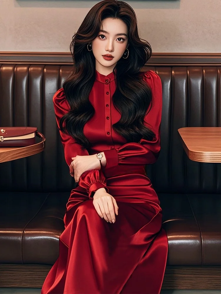 This popular wine red long waist temperament sleeve party dress