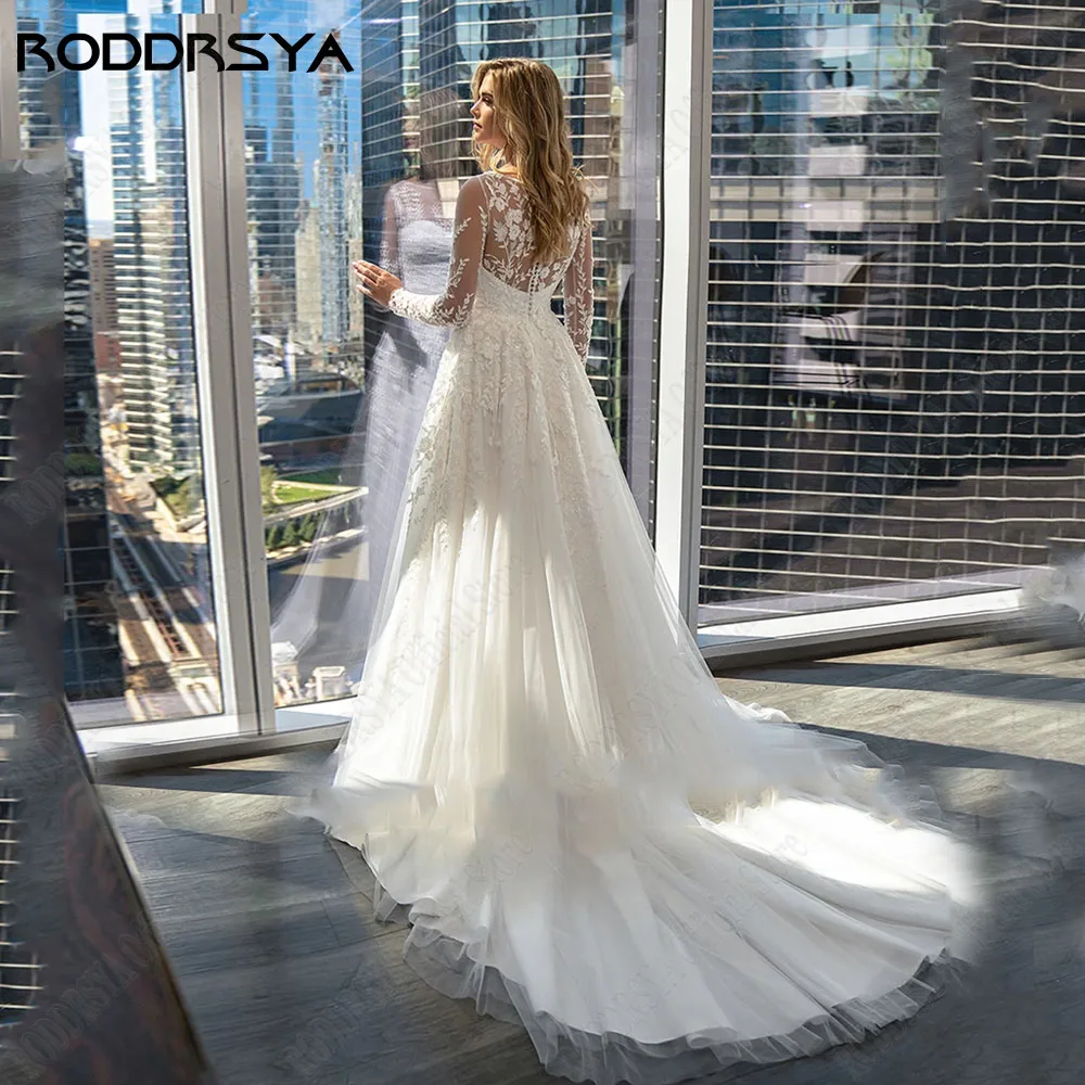 Calcomanías de lentejuelas roddrsya vestidos de novia de letra a 20RODDRSYA-vestido De Novia De corte en A con apliques De lentejuelas, manga larga, cuello redondo, tul hecho a medida, Vestidos De Novia elegantes, 2024