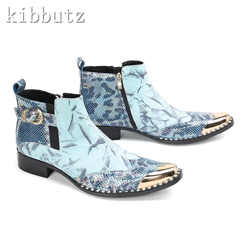 Sky Blue Prints Men Short Boots Luxury Design Metal Toe Genuine Leather Rivets Buckle Decoration Chelsea Boots