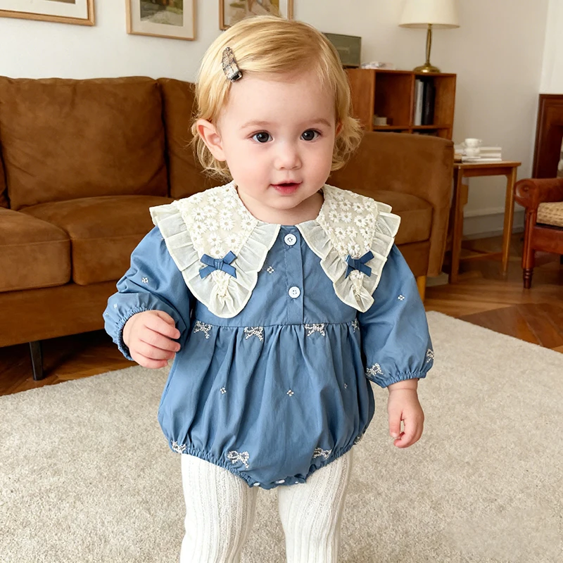 2026 New Spring Baby Girl Romper Long Sleeved 0-24M Lapel Embroidery Baby Party Romper Kid Princess Children Bow Clothes