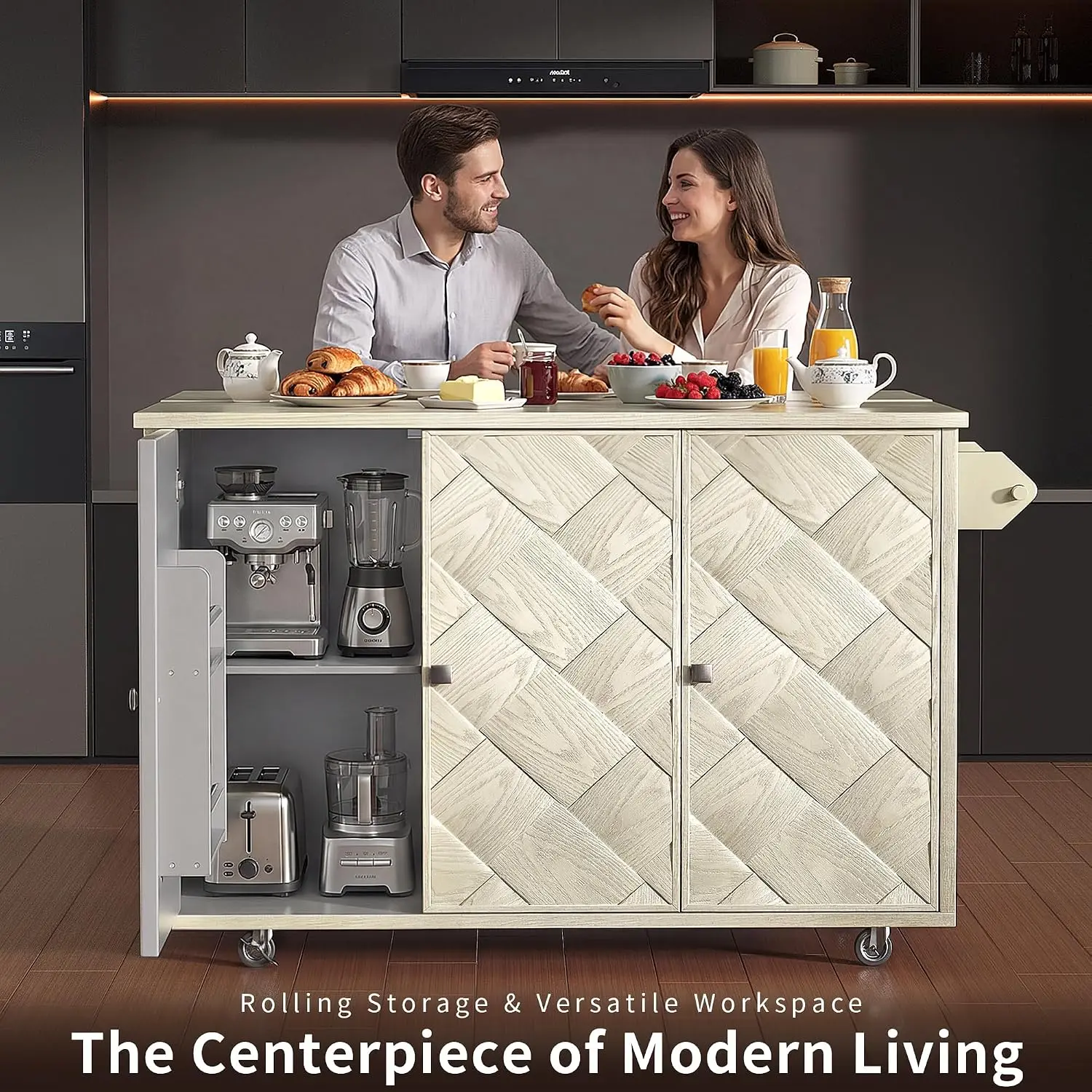 52 Inch Kitchen Island with Outlet & Drop Leaf, 2 Drawers, Trash Bin, Storage Rack, Lockable Casters, Customized
