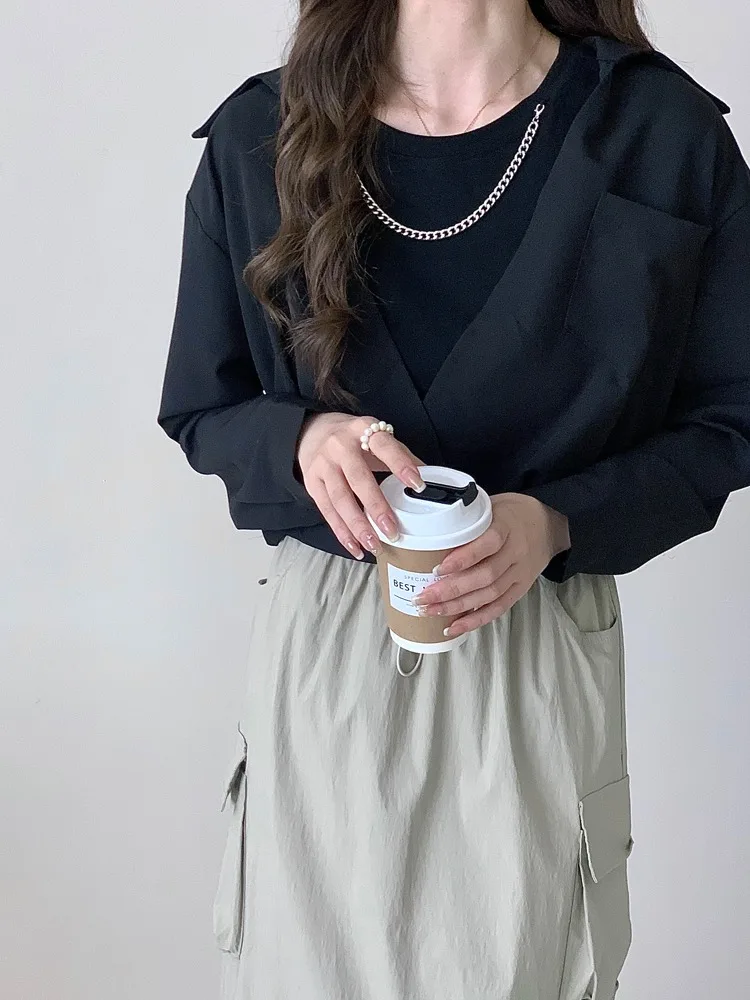 

Fall Faion Design ort Sve Long Collar Blouse Women's High-End Bla Top Splice Fake Two-Piece Turn-down Collar irt