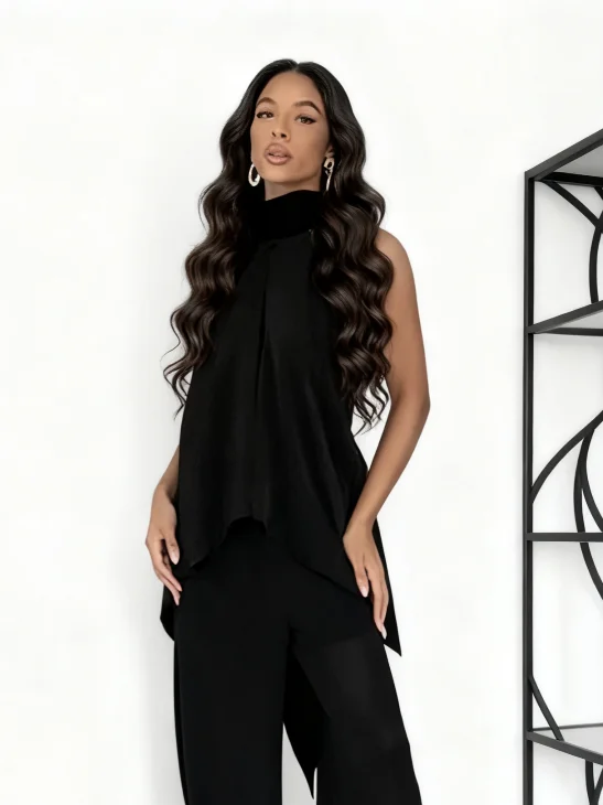 سترات رسن نسائية أنيقة باللون الأسود من الساتان 2026 وشاح جديد برقبة بدون أكمام بدون أكمام للسيدات ملابس حفلات أنيقة للسيدات شارع العليا