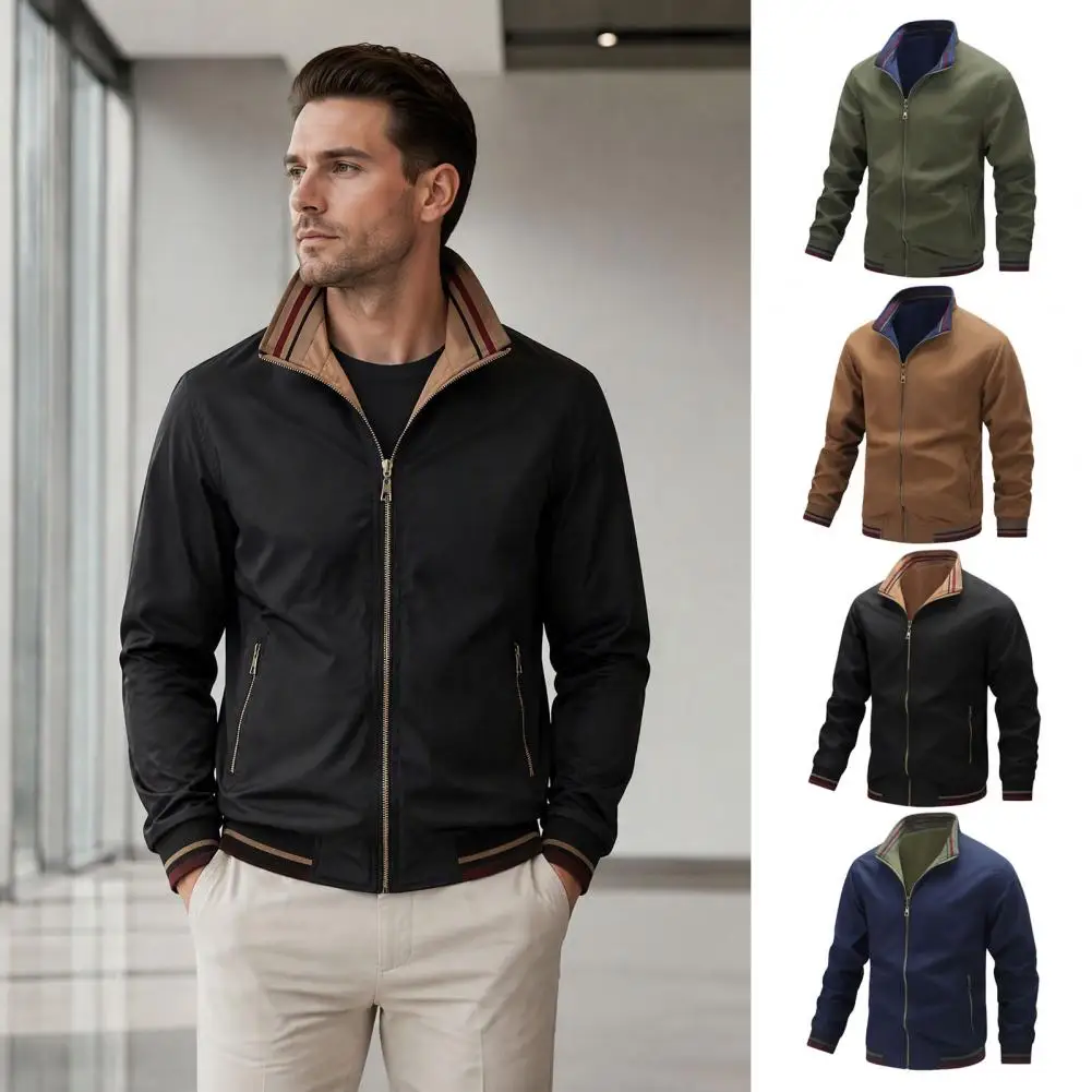 Full Zip Up Stand Collar Mens Jacket Casual Windbreaker Zipper Pockets Long Sleeve Outdoor Coat Spring Fall Daily Wear Fashion