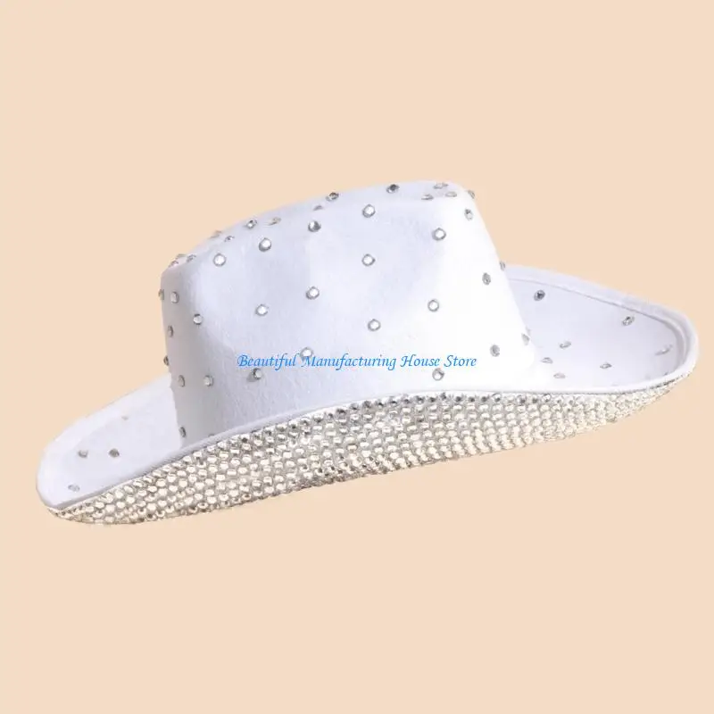 E56A Sparkly Cowboy Hat Rhinestones Brim Panama Hat for Bachelorette Party