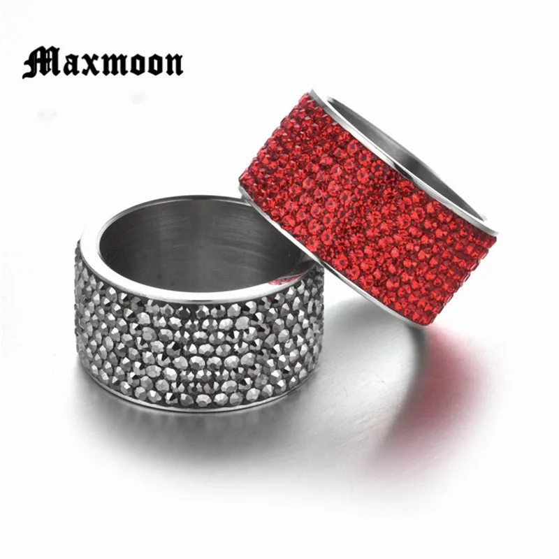 Maxmoon 8 Rows Crystal Stainless Steel Ring Women for Elegant Full Finger Love Wedding Engagement Rings Jewelry Men